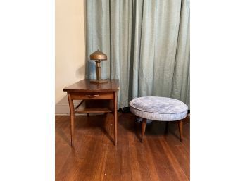 Mersman MCM Walnut End Table, Mid Century Modern Round Ottoman Foot Stool And Antique Brass Lamp