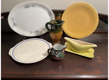 Antique Pottery Puzzle Jug Green & Yellow Glaze 7.5', VTG Fiesta Serving Platter, US Pottery Dishes, Pitcher