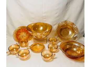 Vintage Jeanette Glass Peach Luster Egg Nog Punch Bowl And Cups, Marigold Carnival Glass Bowl And More