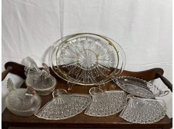 Lot Of Vintage Glass Items - Crystal Clear Glass Fan Shaped Trays, Pair Of Indiana Glass Hen On Nest And More