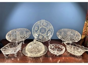 Lot Of Beautiful Cut Crystal Items - Small Bowl, Pair Of Dishes, Candy Dish, Pressed Glass Butter Dish Etc