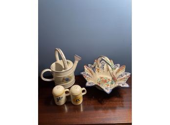 Hand Painted Watering Can/vase, Vintage Ceramic Salt & Pepper Shakers And Portugal Hand Painted Twisted Basket