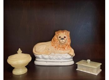 English Staffordshire Pottery Lion, Vintage Marble Trinket/jewelry Box And Small Jar
