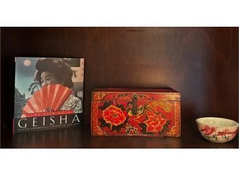 Vintage Chinese Wooden Box, Book 'Life Of A Geisha And Signed Ceramic Bowl