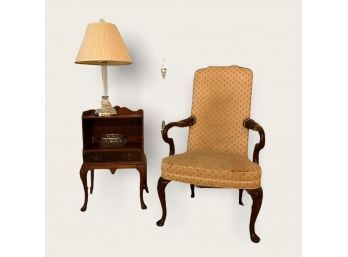 Antique Kittinger Buffalo Mahogany End Table Stand, Queen Anne Style Mahogany Arm Chair, Lamp And Vtg Bowl