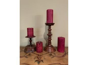 Theodore Alexander Hand Carved Wooden Pillar Candle Holders And 4 Cherry Pillar Candles