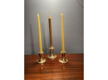 Three Sterling Silver Weighted Candle Holders With Candles
