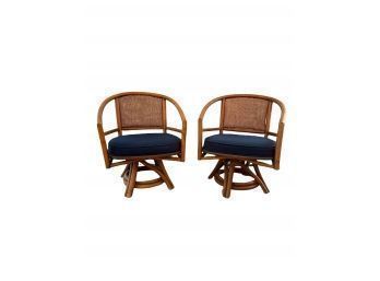 Set Of Two McGuire Bamboo Rattan Swivel Armchairs