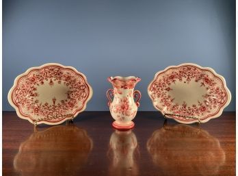 Vintage Arte-Ceramica Portugal Hand Painted Dishes Set Of Two And Small Decorative Italian Pottery Vase