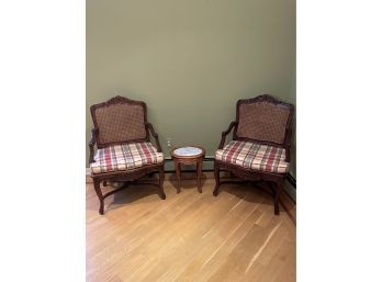 Louis XV French Provincial Double Cane Walnut Accent Chairs And Antique Italian Marble Top Side Table