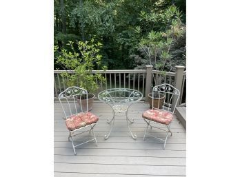 Lovely 3 Pc Wrought Iron Patio Set Table And Folding Chairs With Cushions