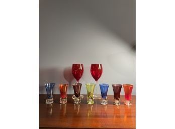 MCM Colored Shot Glasses Set Of 7 And Two Beautiful Wine Glasses