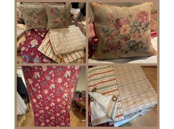 Lot Of Vintage Retro Floral Fabric Drapery Panels, Gobelin Woven Pillows And Curtain Rod