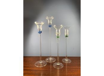 Vintage International Silver Company Crystal Candlesticks With Blue And Green Bead
