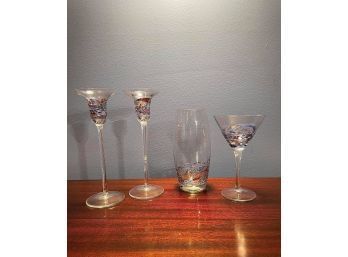 Beautiful 'Milano' Romanian Crystal Ware Includes - Martini Glass, Vase And A Pair Of Candleholder