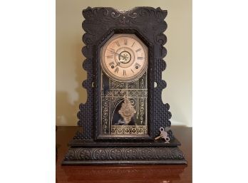 Antique E. Ingraham Mantle Clock With Glass Door And A Key Works Perfectly