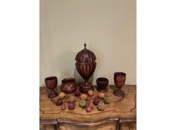 Adam Style Carved Wood Lidded Urn, Antique Wood Goblets , Hand Turned Bowl, Goblet And Decorative Seed Balls