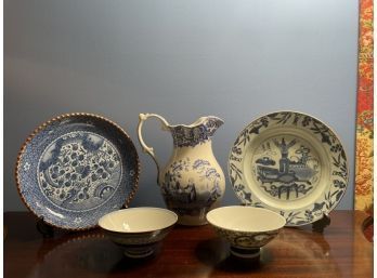 Lot Of Beautiful Vintage Blue And White Plates, Pitcher And Bowl