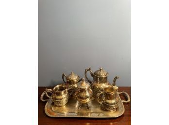 Antique Ornate Derby Silver Co 5 Piece Tea Set Quadruple Plate And One Sugar Bowl/jar Silver On Copper