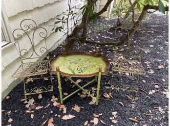 Pair Of Antique French Wrought Iron Folding Chairs And Vintage Hand Painted Faux Bamboo Tole Tea Table