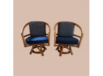 Set Of Two McGuire Bamboo Rattan Swivel Armchairs With Cushions