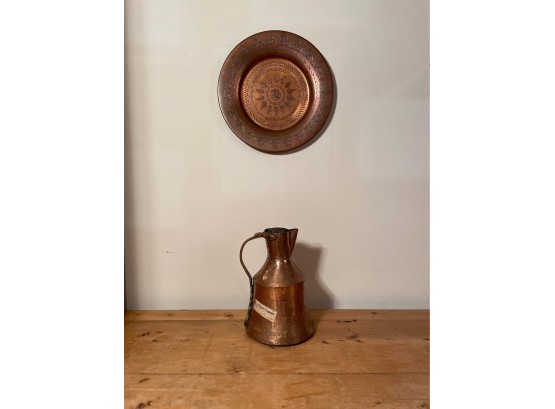Antique Arts & Crafts Copper And Brass Milk Jug And Handcrafted Moroccan Moorish Round Copper Tray