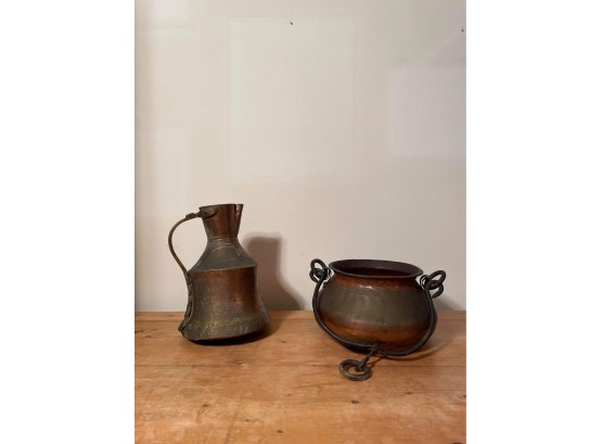 Antique Arts & Crafts Copper Milk Jug And Hand Hammered Dove-tailed Civil War Era Hanging Copper Pot