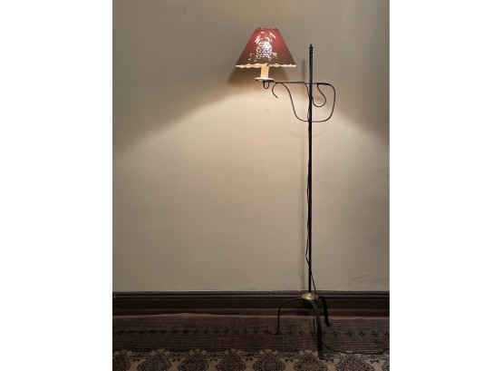 Vintage Wrought Iron Floor Lamp With 3 Legs, Swing Arm And Original Shade
