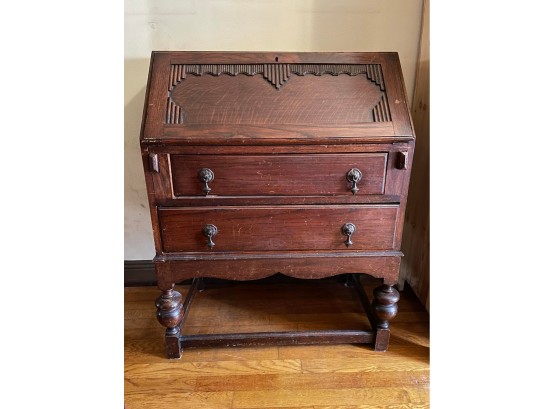 Antique English Oak Secretary Desk With Stretcher Desk