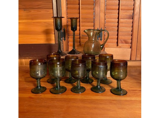 Hand Blown Mexican Green To Golden Amber Shaded Glassware  Includes Glasses, Small Pitcher And Candlesticks