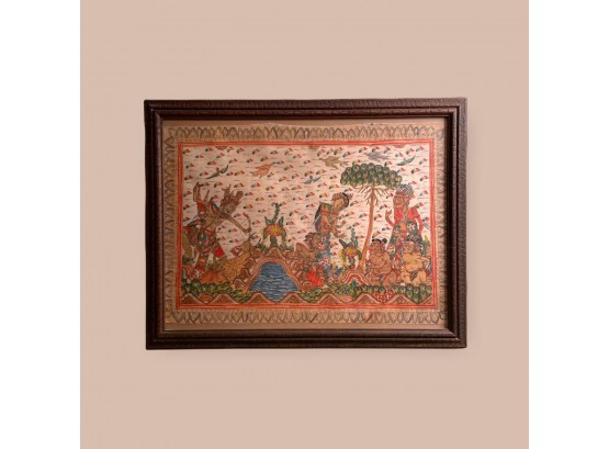 Antique Indonesian Batik Traditional Painting In Beautiful Antique Frame