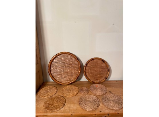 Hand-made Refined Bamboo Round Tea Tray Tea Storage Plate Set And Rattan Handwoven Coasters