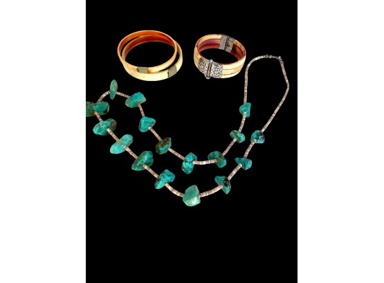 Antique Ivory Bracelets And Native American Turquoise Necklace