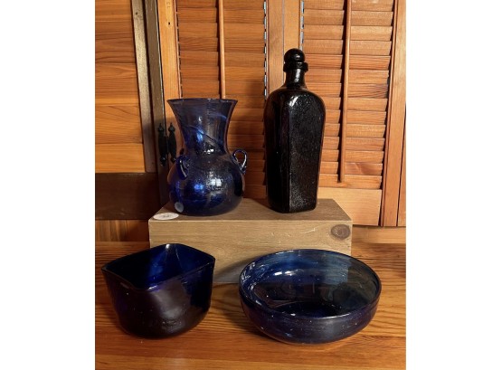 Very Beautiful Hand Blown Blue Glasses Includes Rare Vintage Decanter