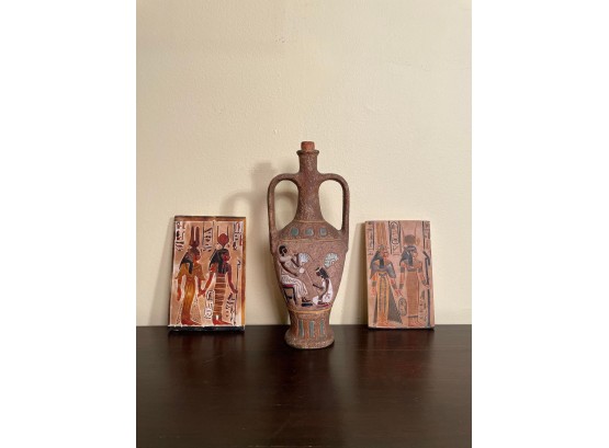 Egypt Antique Ceramic Bottle And Two Egyptian Stone Art