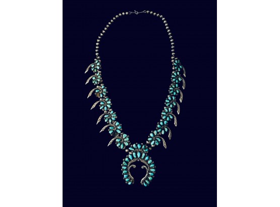 AUTHENTIC ZUNI SILVER AND TURQUOISE NEEDLEPOINT NECKLACE