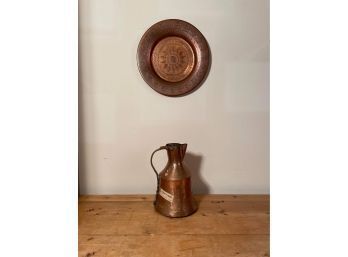 Antique Arts & Crafts Copper And Brass Milk Jug And Handcrafted Moroccan Moorish Round Copper Tray