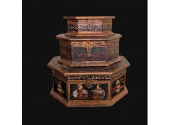 Antique 19th Century Mughal Lacquer Boxes Comprising An Octagonal Footed Base Each Top Has Different Scenes