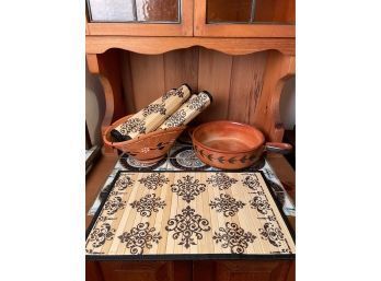 Terracotta Portugal Pottery And Flat Bamboo Placemats Set Of 5