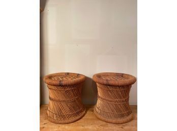 Natural Geo Decorative Handwoven Colored Seat Accent Stools Set Of 2