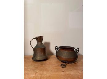 Antique Arts & Crafts Copper Milk Jug And Hand Hammered Dove-tailed Civil War Era Hanging Copper Pot