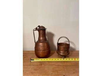 Antique Hand Hammered Copper Bucket With Brass And Antique Copper Moroccan Water Pitcher