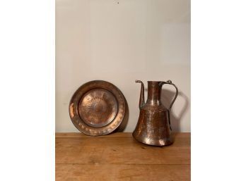 Antique Middle East Copper And Brass Water Pitcher And Handcrafted Moroccan Moorish Round Copper Tray
