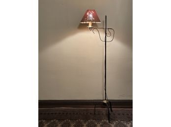 Vintage Wrought Iron Floor Lamp With 3 Legs, Swing Arm And Original Shade