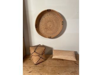 Gorgeous Lot Of Papago Indian Basket, Rivercane Lidded Storage Basket And Ifugao Tradition Bamboo Clutch Bag