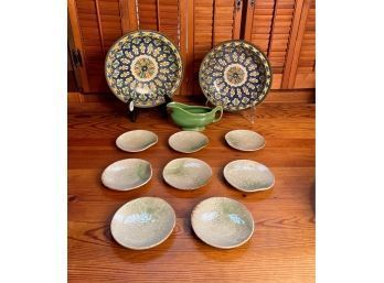 Antique Moroccan Moorish Ceramic Bowls Decorated With Brass And Moroccan Ceramic Saucers Set Of 8
