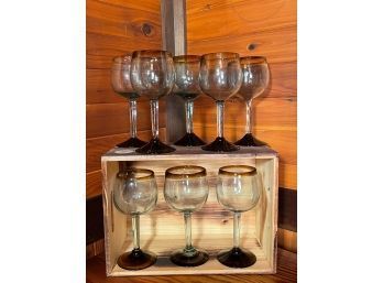 Hand Blown Amber Rim Wine Glasses Set Of 8