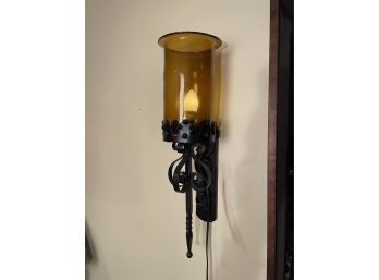 Mid-Century Modern Hand Blown Amber Glass & Wrought Iron Wall Lamp C. 1950's