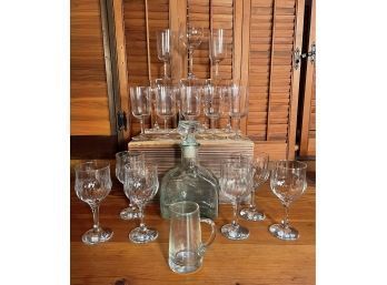 Lot Of Beautiful Crystal Wine And Champagne Glasses, Vintage Glass Whiskey Bottle And Decanter
