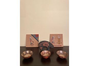Handcrafted Burmese Lacquerware, Native American Sand Arts, Acoma Hand Painted Polychrome Pottery Bear Signed